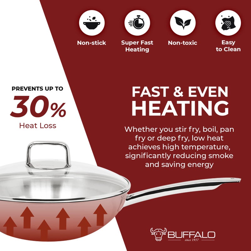 BUFFALO Clad Stainless Steel Wok Pan with Lid Flat Bottom 12 inch (30cm) - Small Stir Frying Pan with Stay-Cool Long Handle - Tri-Ply Nonstick Deep Cooking Pot for Induction/Electric/Gas Stoves - Image 5